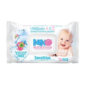 دستمال مرطوب کودک حاوی کالاندولا 70 برگي ميوه ای درب دار نینو